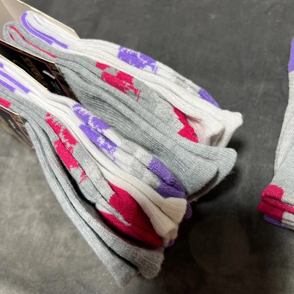 Mossy Oak Ladies Crew Half Cushion Socks 6 Pairs Grey White Pink Purple 4-10